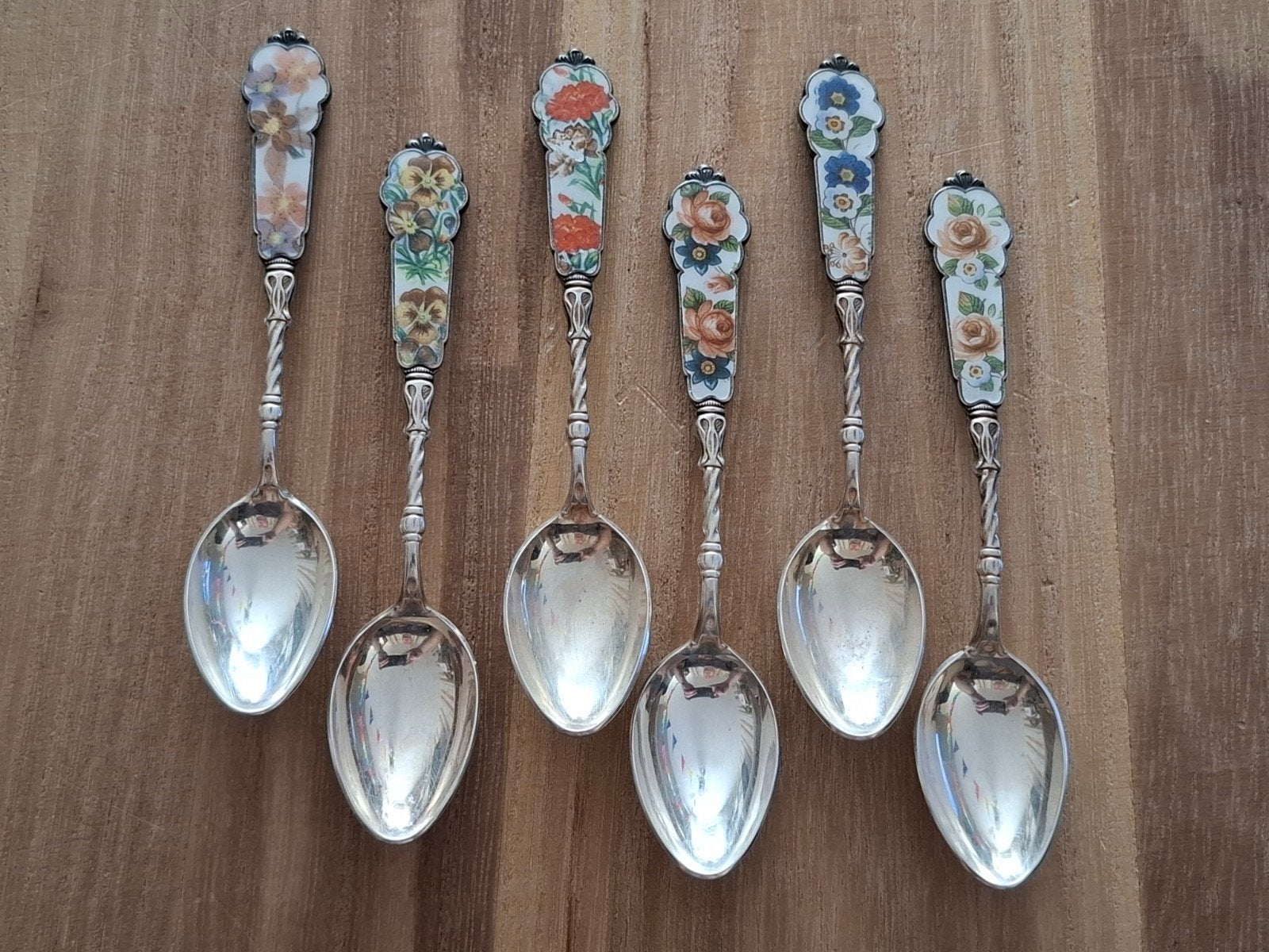 Oude brocante verzilverde bloemenlepeltjes - set van 6, Ophalen of Verzenden