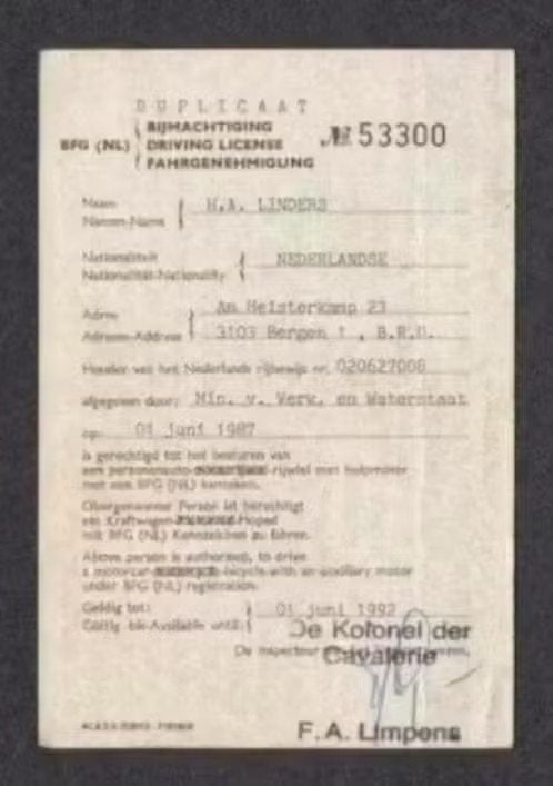 Marechaussee Rijbewijs Auto Moped Linders Bergen BRD 1987, Ophalen of Verzenden, Zo goed als nieuw
