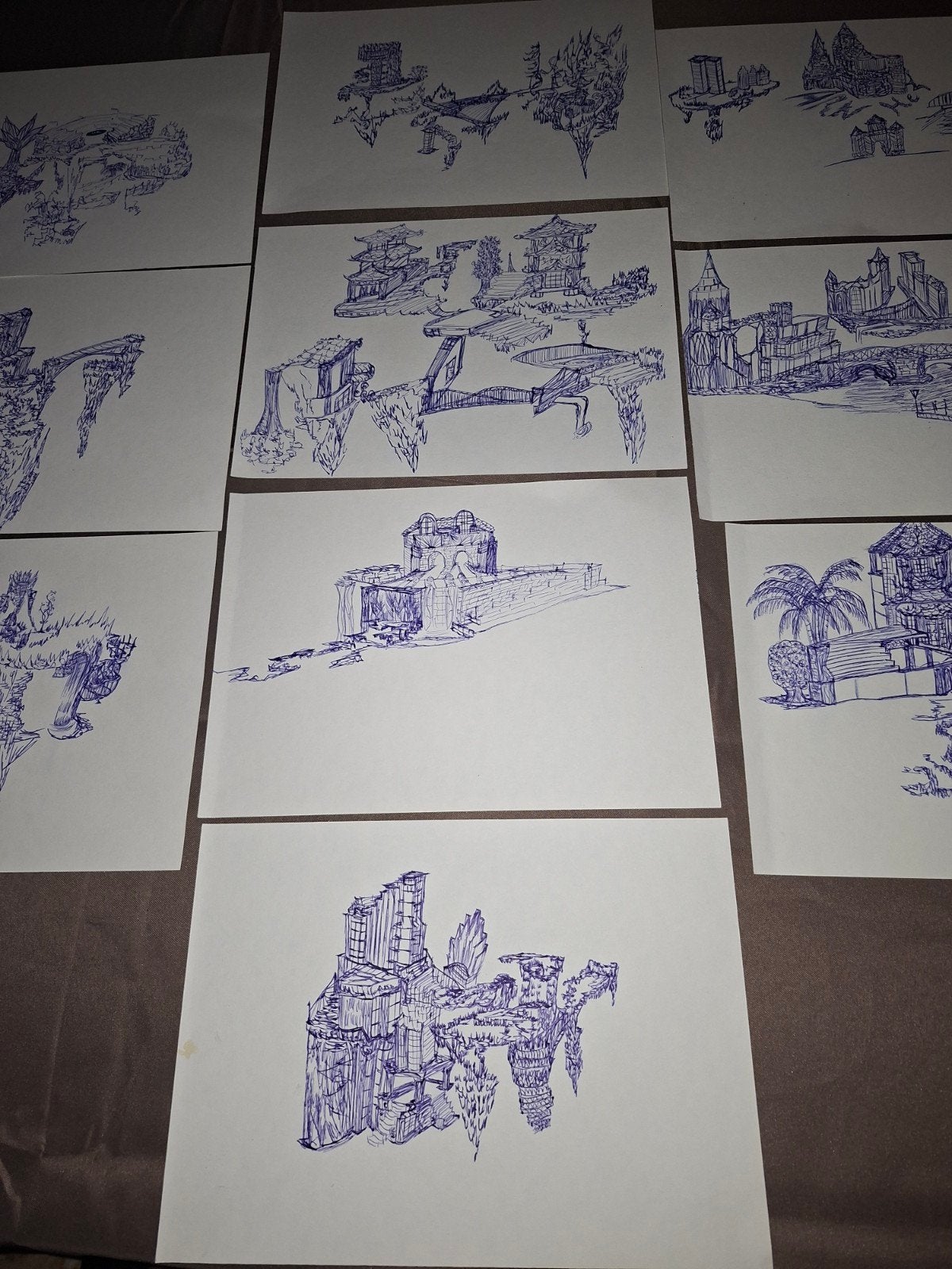 Set van 10 originele pen-tekeningen van fantasiewerelden, Antiek en Kunst, Ophalen, Tekening, Pentekening, Gesigneerd