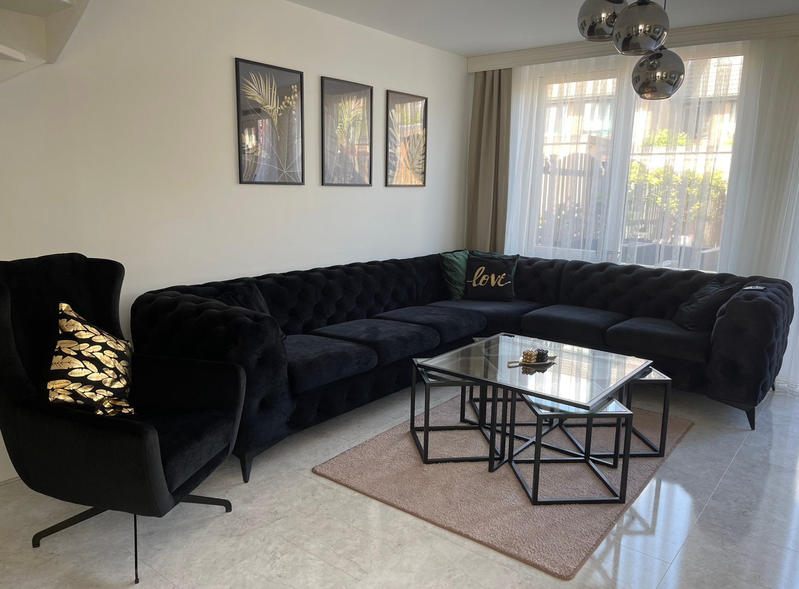 Luxe Chester hoekbank - Zwart fluweel, Huis en Inrichting, Ophalen, 100 tot 125 cm, Hoekbank, 300 cm of meer