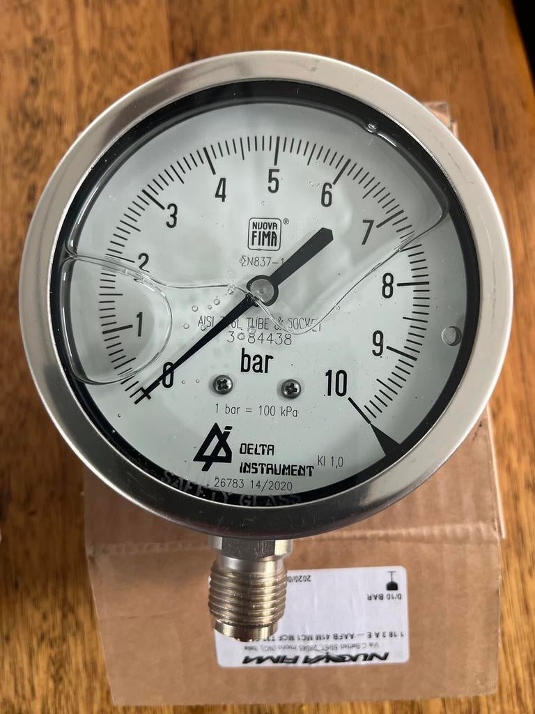 Nieuwe Nuova Fima Delta Instrument Manometer 0-10 bar, Doe-het-zelf en Verbouw, Meetapparatuur, Ophalen of Verzenden, Zo goed als nieuw