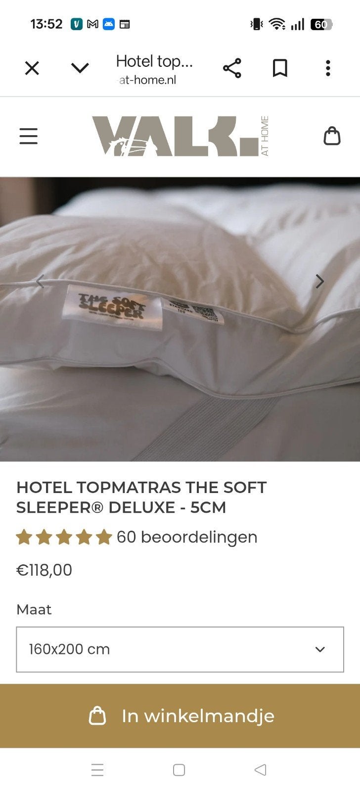 Valk Hotel Topmatras The Soft Sleeper Deluxe 160x200 cm, Tweepersoons, Ophalen of Verzenden, Zo goed als nieuw, Matras