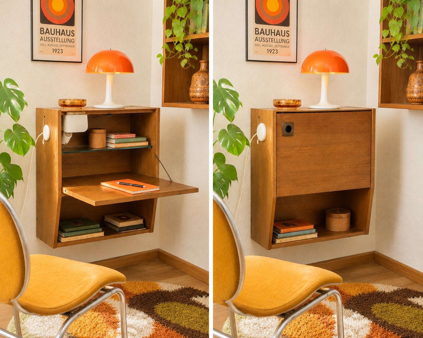 Vintage teak wandsecretaire / hangbureau met verlichting, Ophalen, Huis en Inrichting