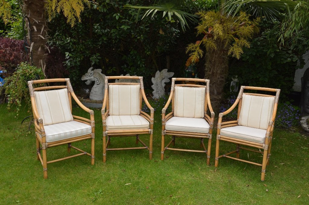 Zeldzaam! 4 vintage eetkamerstoelen van Elinor McGuire rotan, Ophalen, Bruin, Vier, Leer