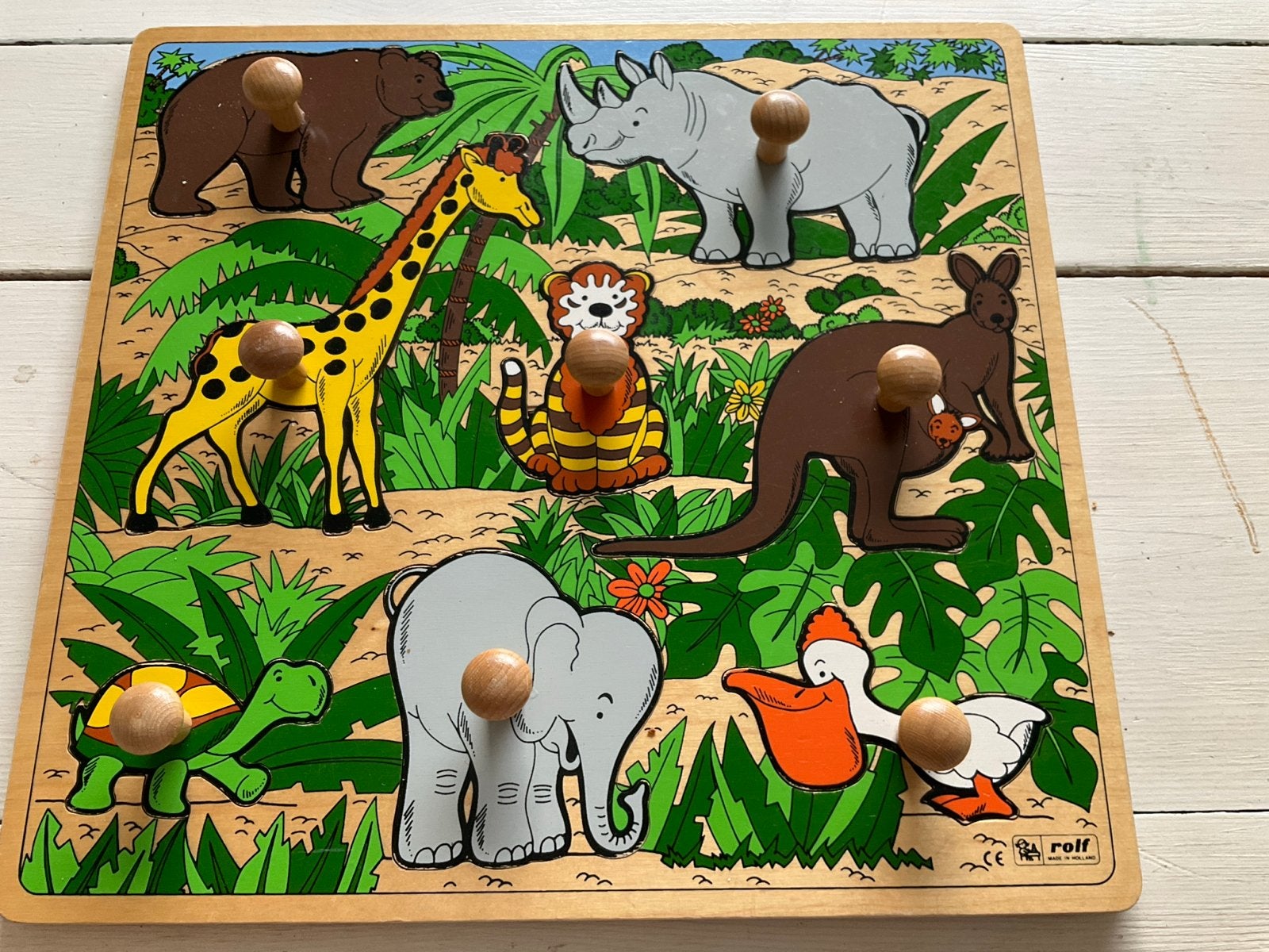 Houten Dieren Puzzel Rolf - Jungle Thema, 2 tot 4 jaar, Ophalen of Verzenden, Zo goed als nieuw, Van hout