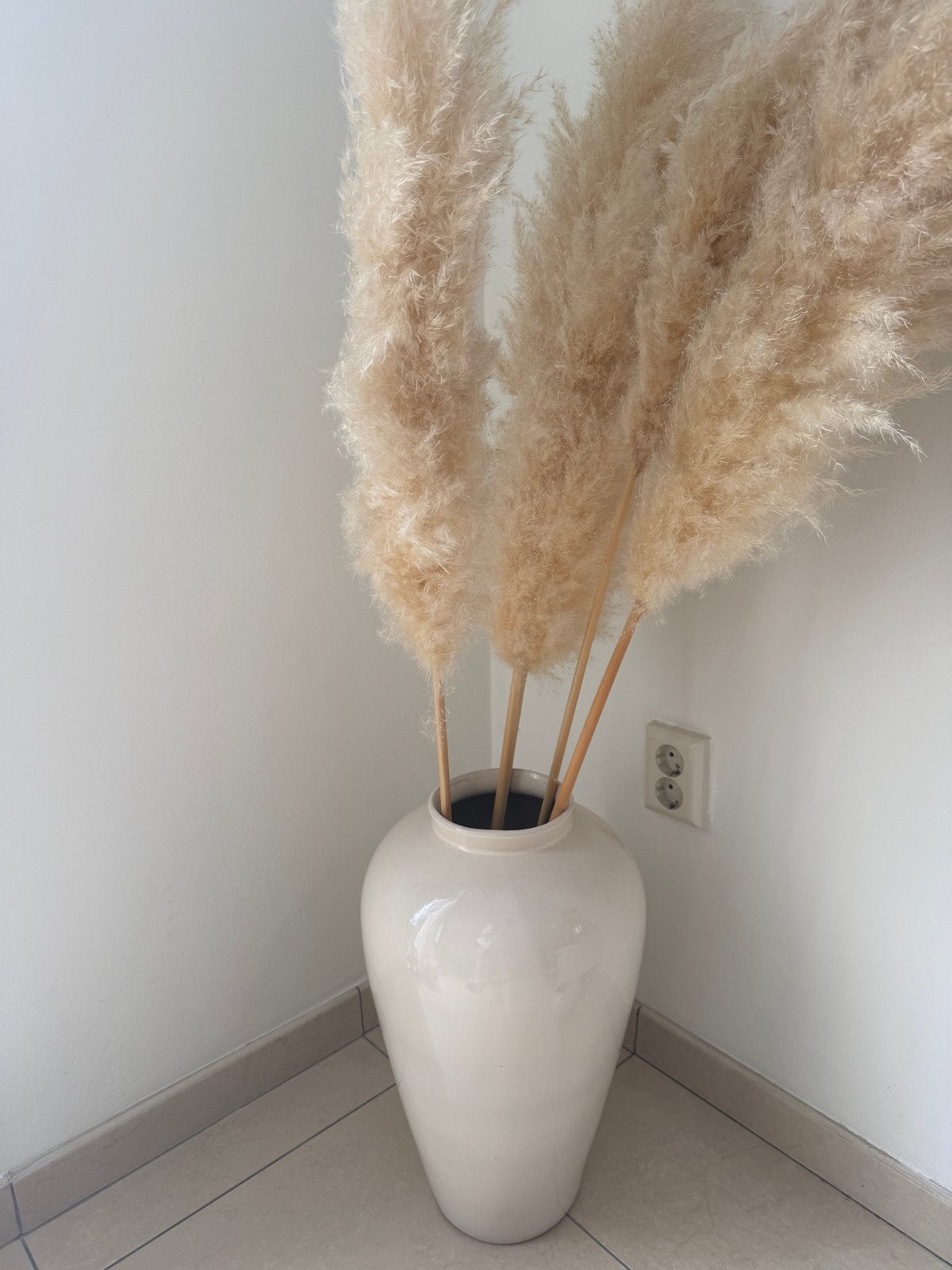 Grote crèmekleurige vaas met pampasgras, Ophalen, Beige, Inclusief decoratie, Zo goed als nieuw