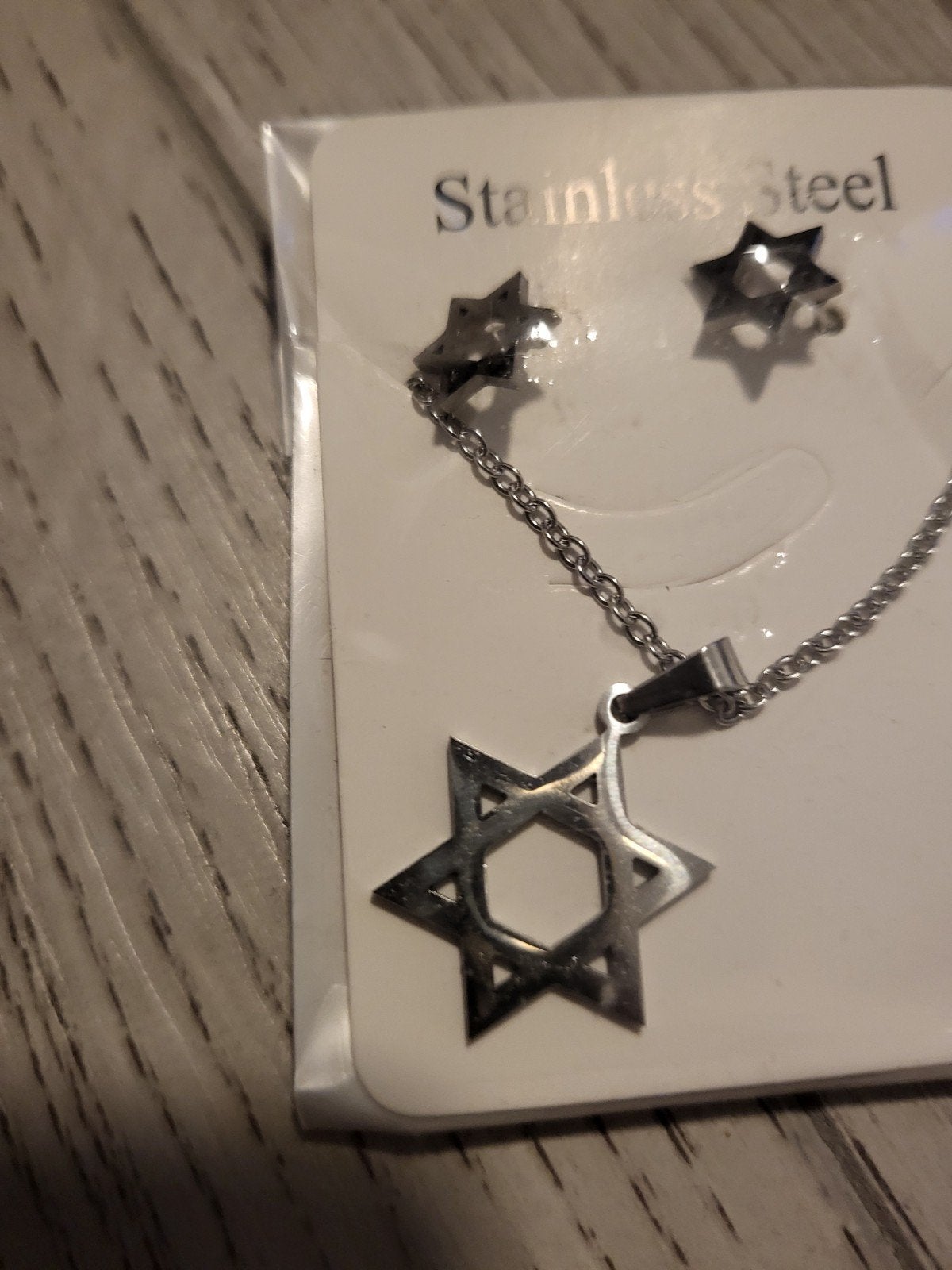 Nieuwe roestvrijstalen ketting en oorbellen set - Davidster, Nieuw, Ophalen of Verzenden, Zilver, Overige materialen