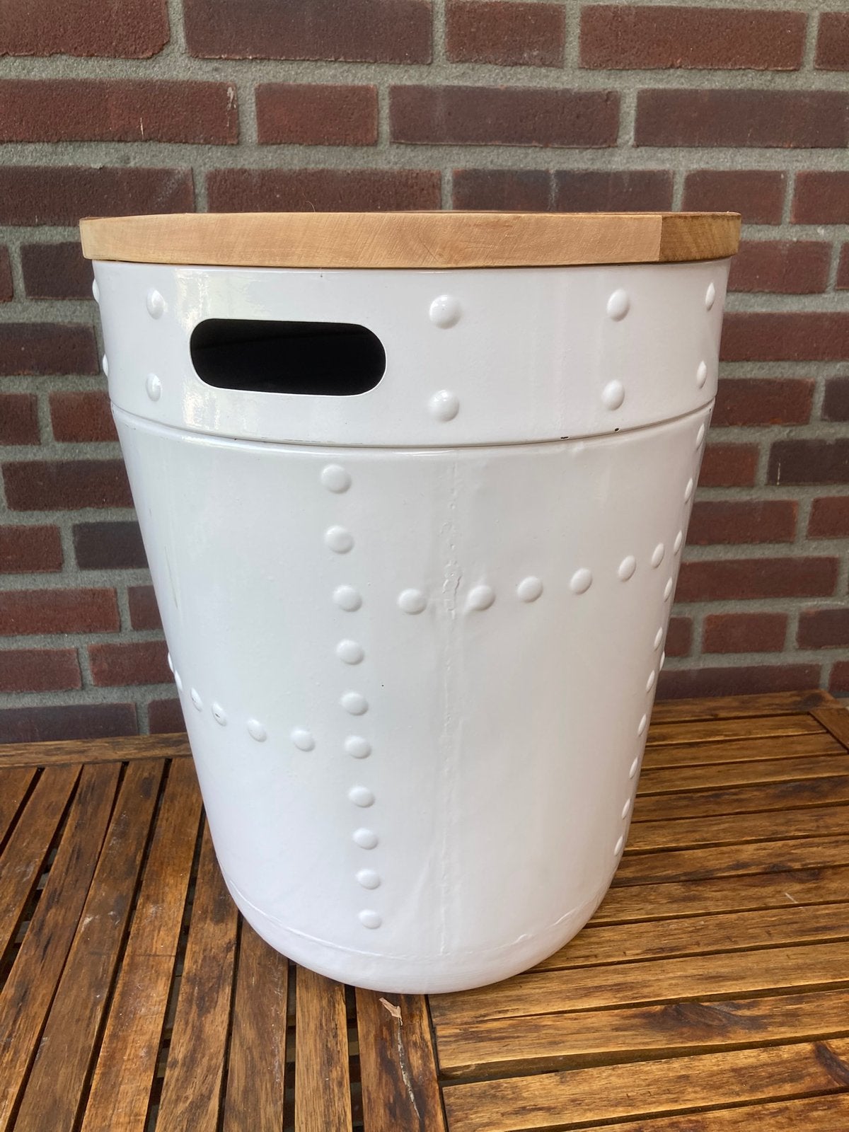 Bijzettafel / opberg tonnetje, Huis en Inrichting, Tafels | Bijzettafels, Ophalen, Gebruikt, Rond, Minder dan 55 cm
