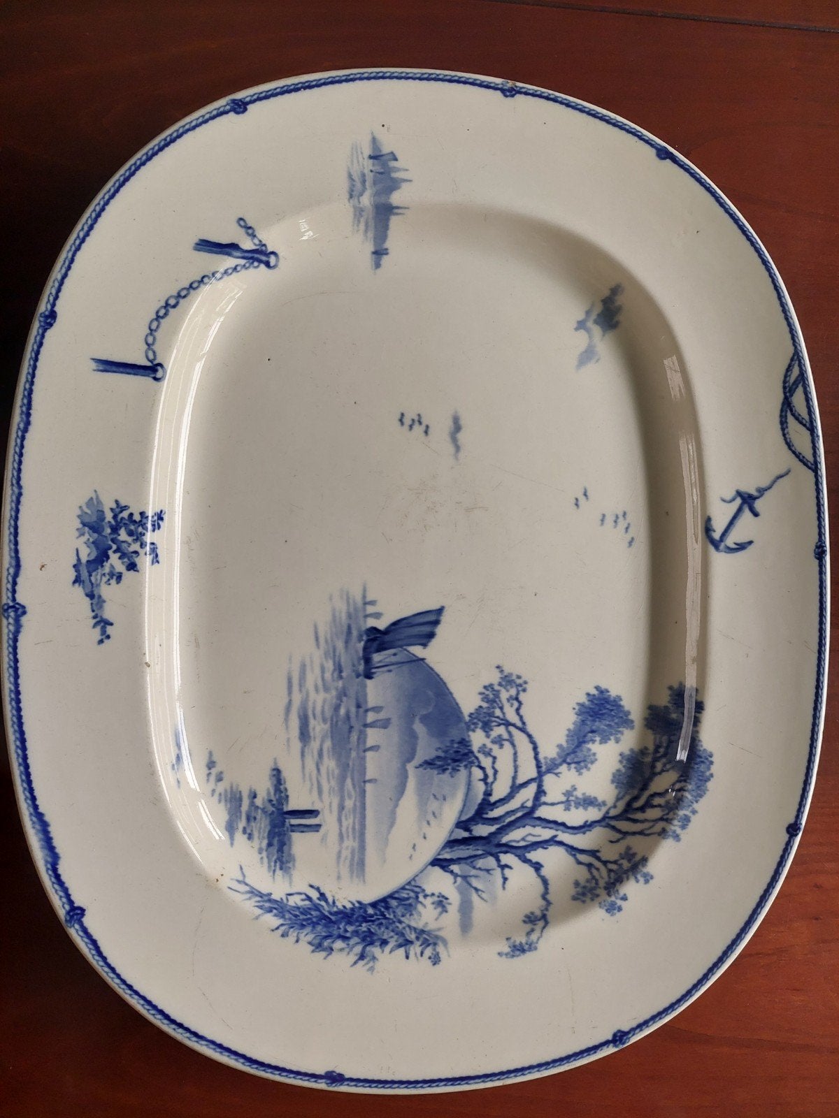 Antieke Delfts Blauwe Ovale Schotel met Zeegezicht, Ophalen of Verzenden
