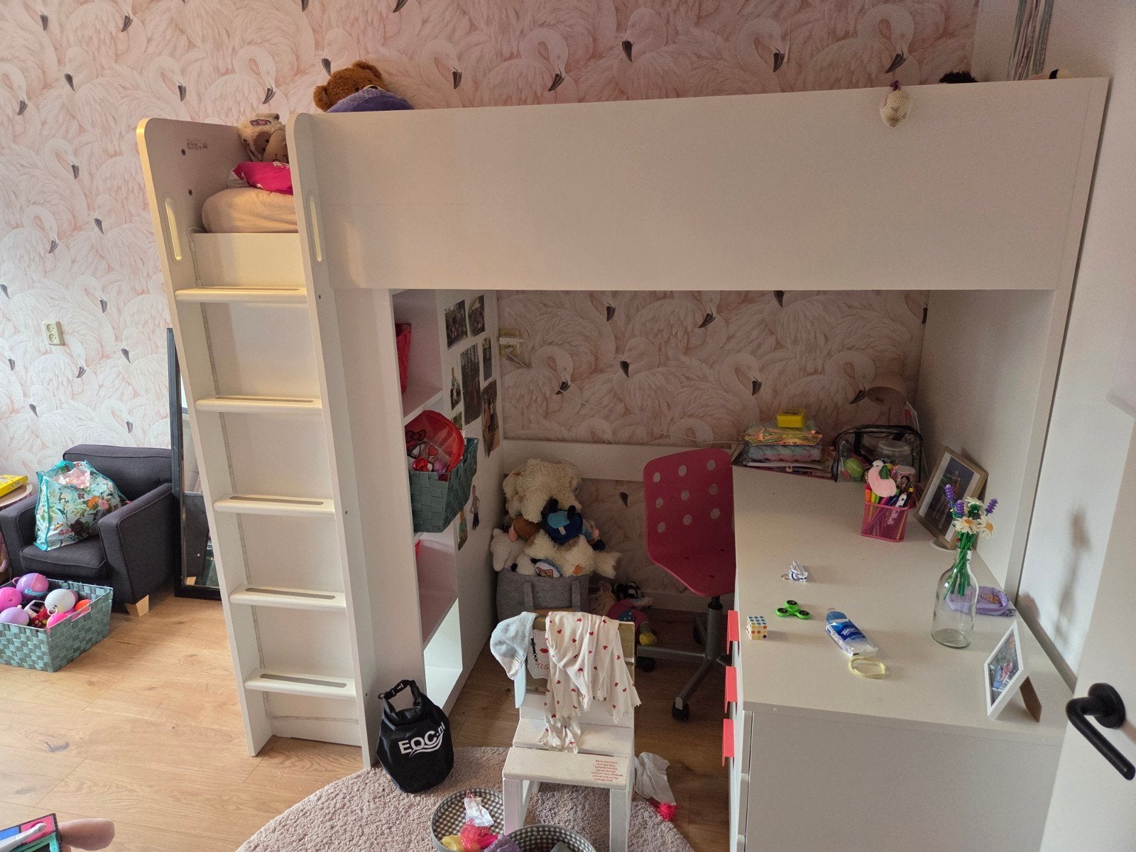 IKEA SMÅSTAD Hoogslaper met bureau en kast, Ophalen, Lattenbodem, 180 cm of meer, 100 cm of meer