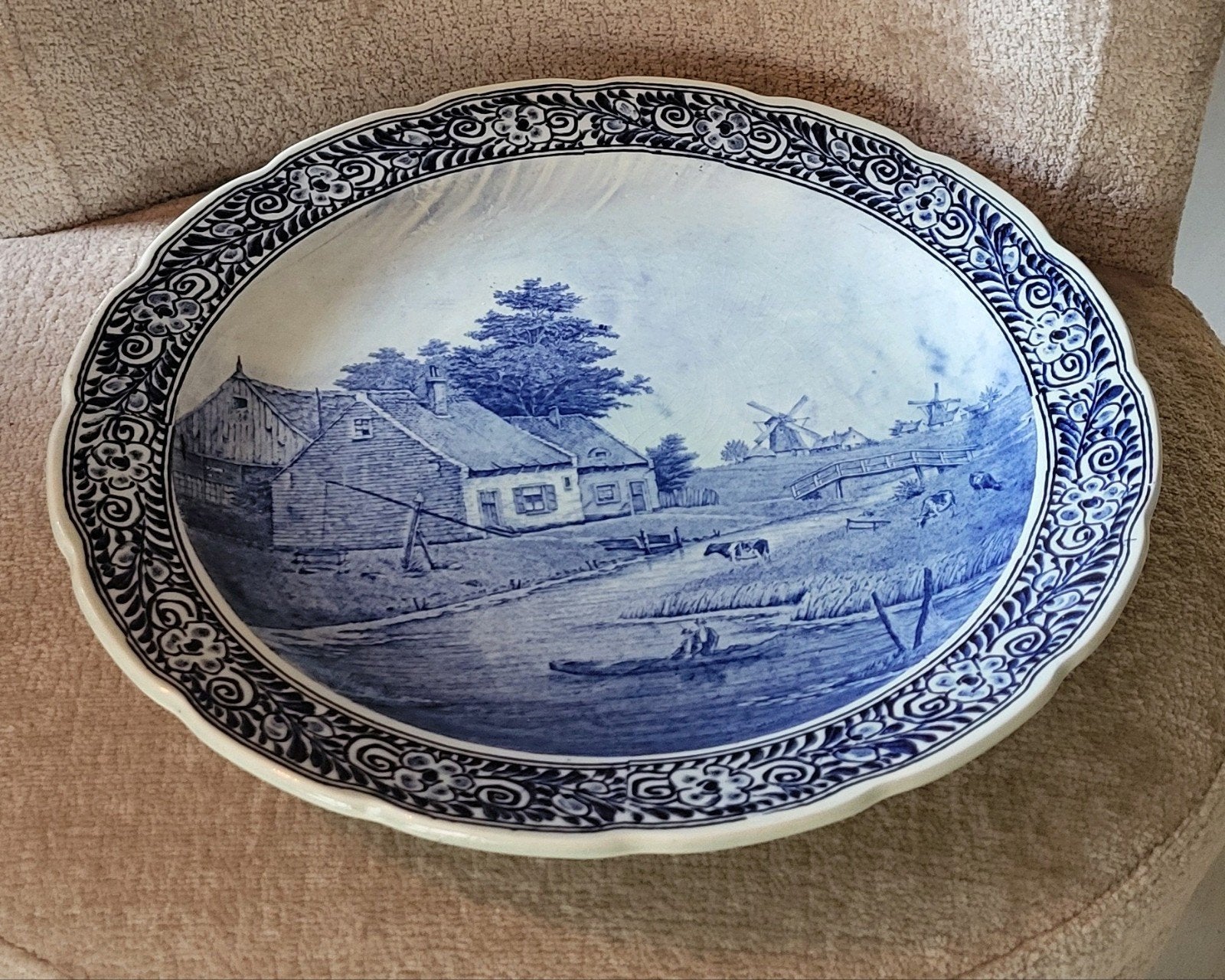 XXL Delfts blauw ovale schaal met Hollands landschap, Ophalen of Verzenden
