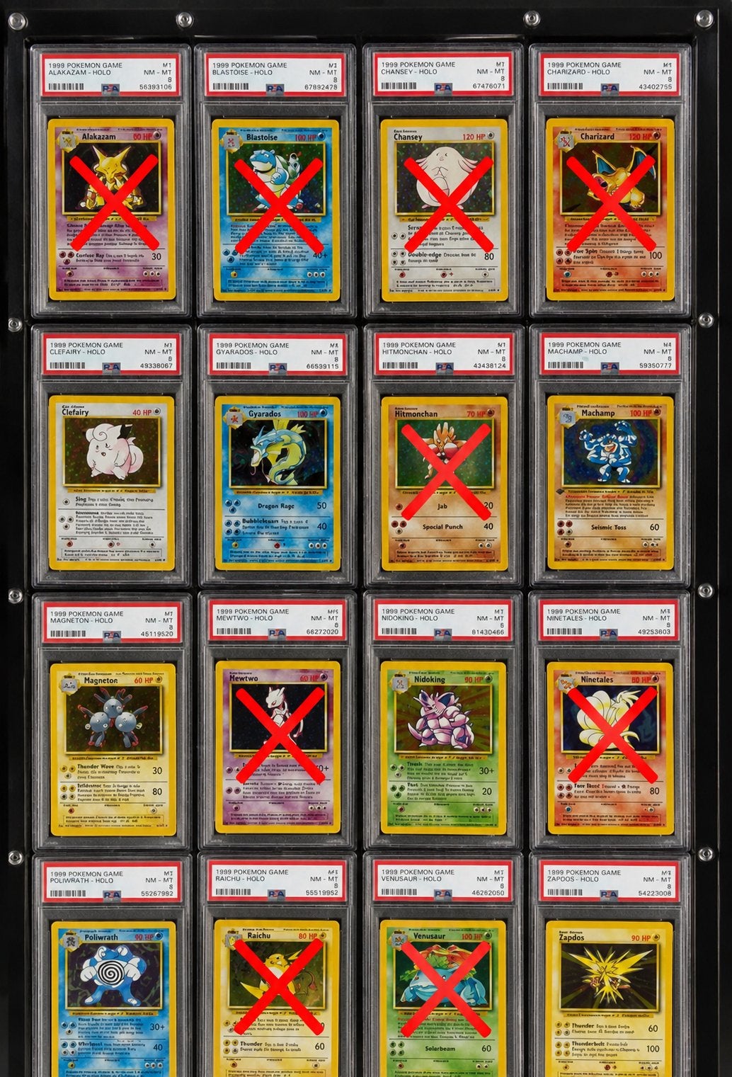 GEZOCHT: Pokémon Base Set 1999 Holo PSA 8 engels, Ophalen of Verzenden, Zo goed als nieuw, Meerdere kaarten