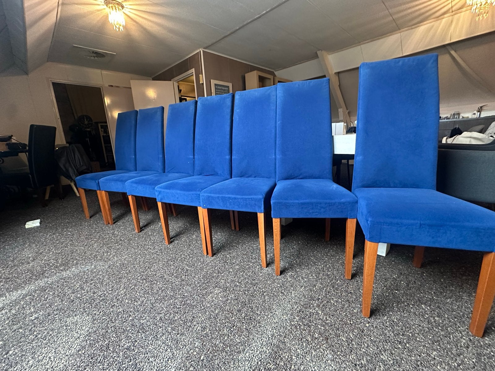 Set van 7 blauwe eetkamerstoelen, Ophalen, Gebruikt, Blauw, Vijf, Zes of meer stoelen
