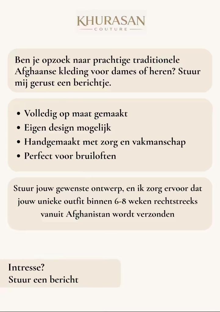 Traditionele Afghaanse Kleding op Maat - Khurasan Couture, Ophalen of Verzenden, Nieuw, Overige kleuren