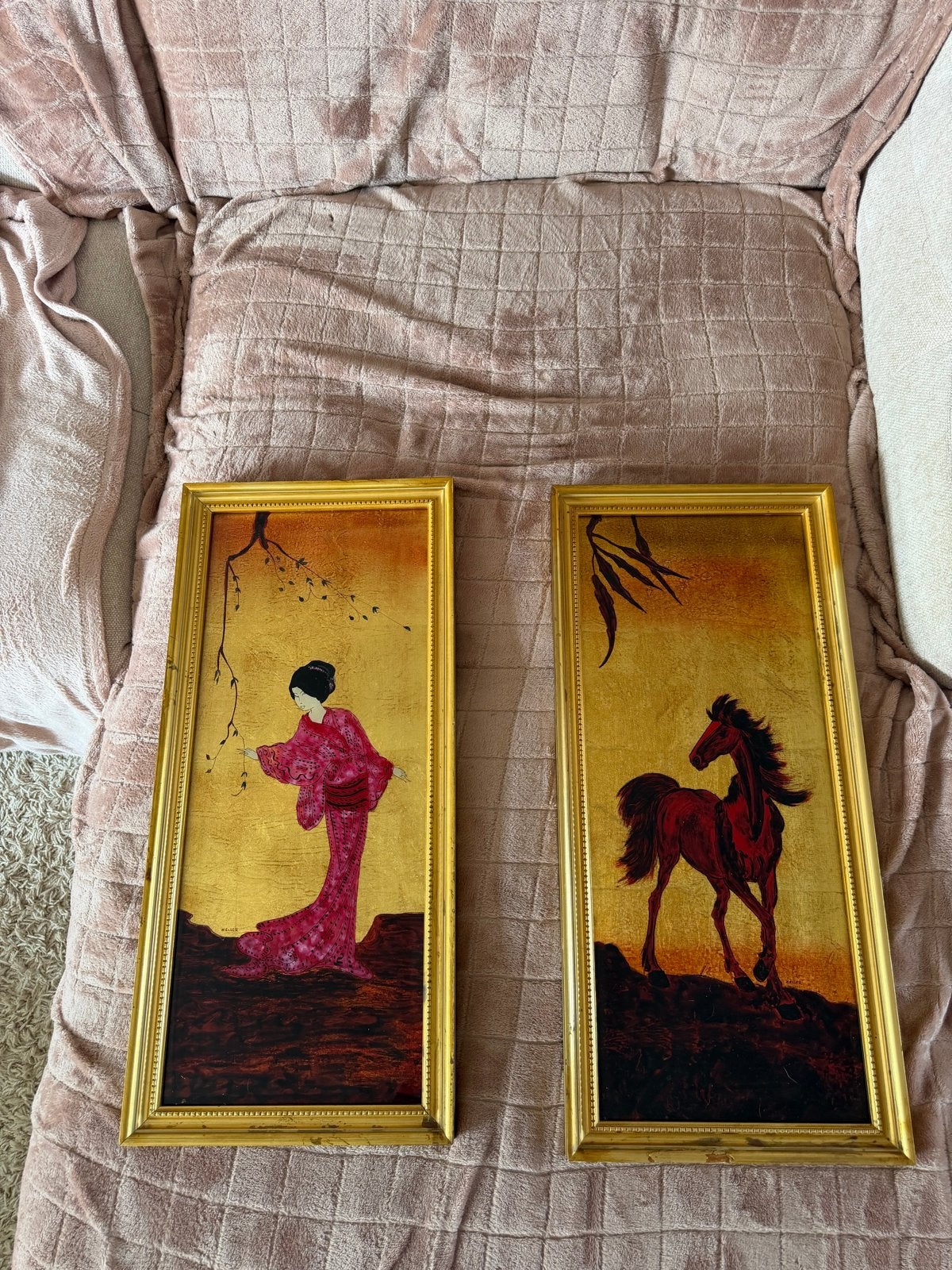 Set van 2 Oosterse schilderijen: Vrouw in Kimono en Paard, Antiek en Kunst, Kunst | Schilderijen | Klassiek, Ophalen, Overige stijlen