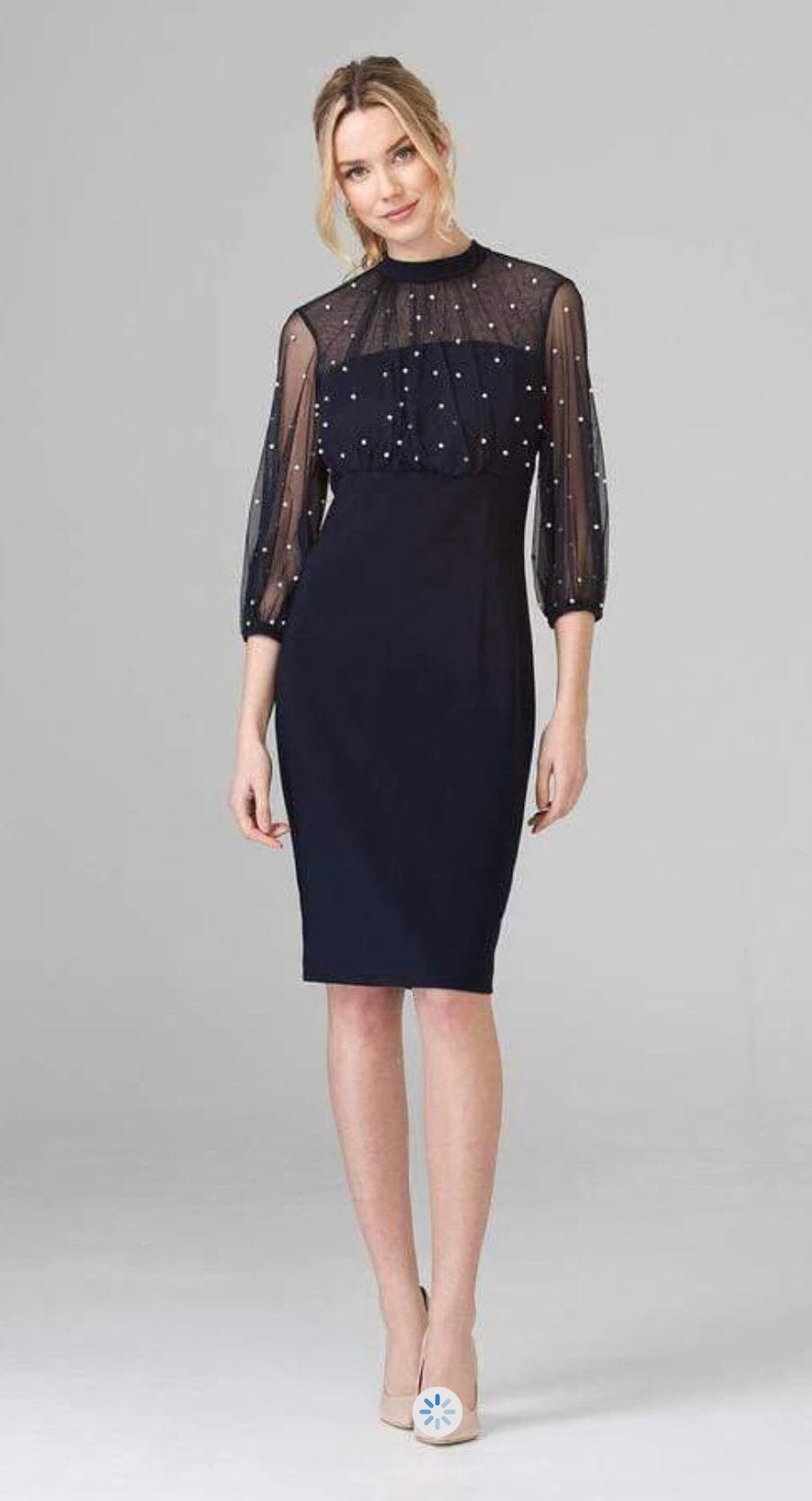 Ribkoff elegante jurk donkerblauw met pareltjes accent 36/38, Kleding | Dames, Jurken, Verzenden, Nieuw, Blauw, Onder de knie