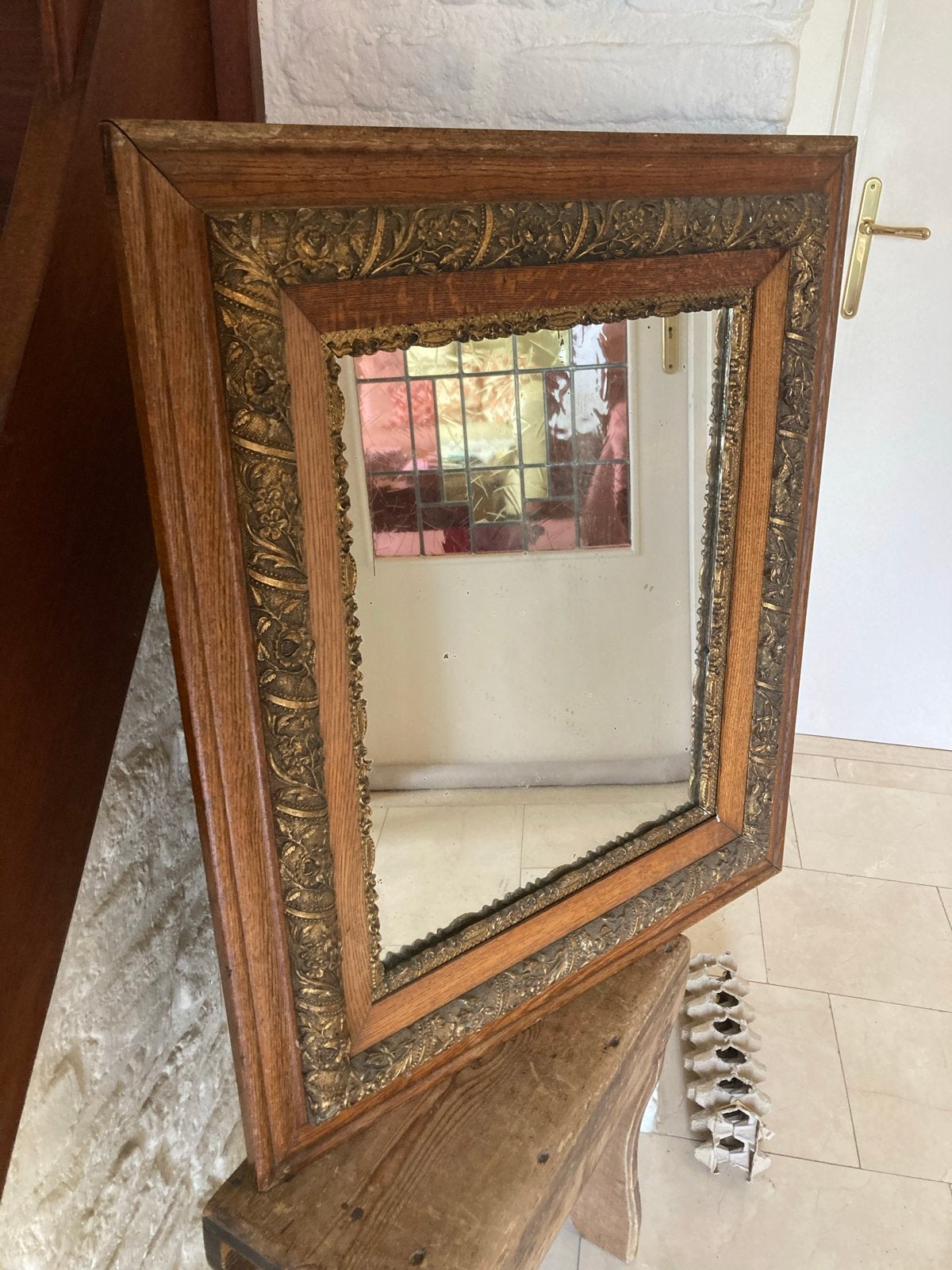 Vintage spiegel in prachtige antieke lijst, Ophalen of Verzenden, Rechthoekig, 50 tot 100 cm, 100 tot 150 cm