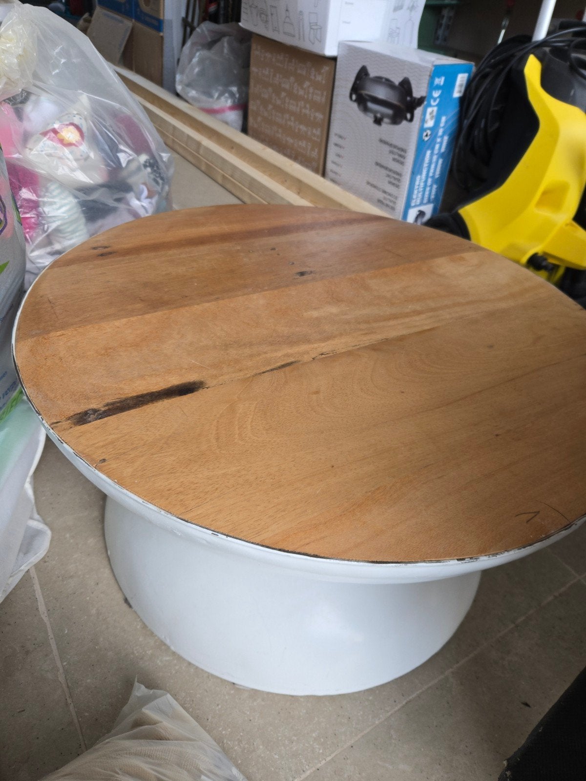 Ronde salontafel met houten blad en witte voet, Gebruikt, Rond, 50 tot 100 cm, 5 – 50