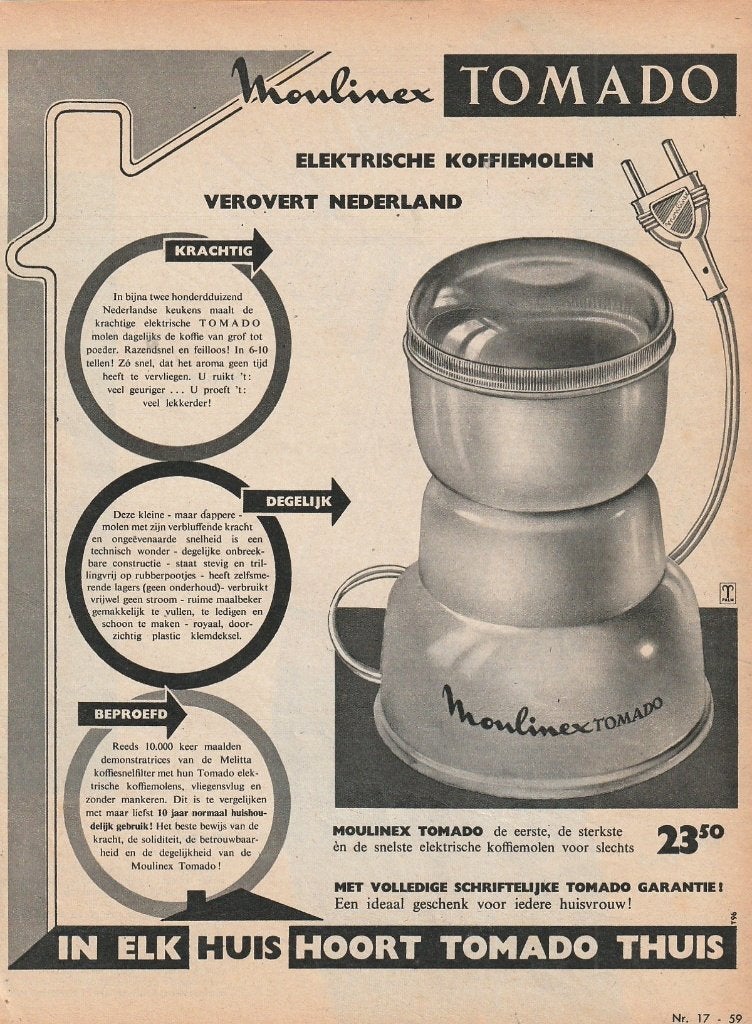 Retro reclame 1958 Tomado electrische koffiemolen Moulinex, Verzenden, Overige typen