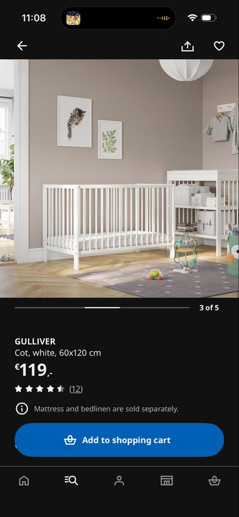 IKEA GULLIVER Ledikant Wit 60x120 cm / crib / cot, Ophalen, Gebruikt, Ledikant