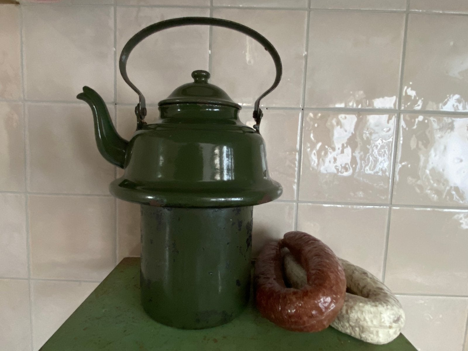 Vintage donkergroene emaille zakketel, Antiek en Kunst, Antiek | Emaille, Ophalen of Verzenden