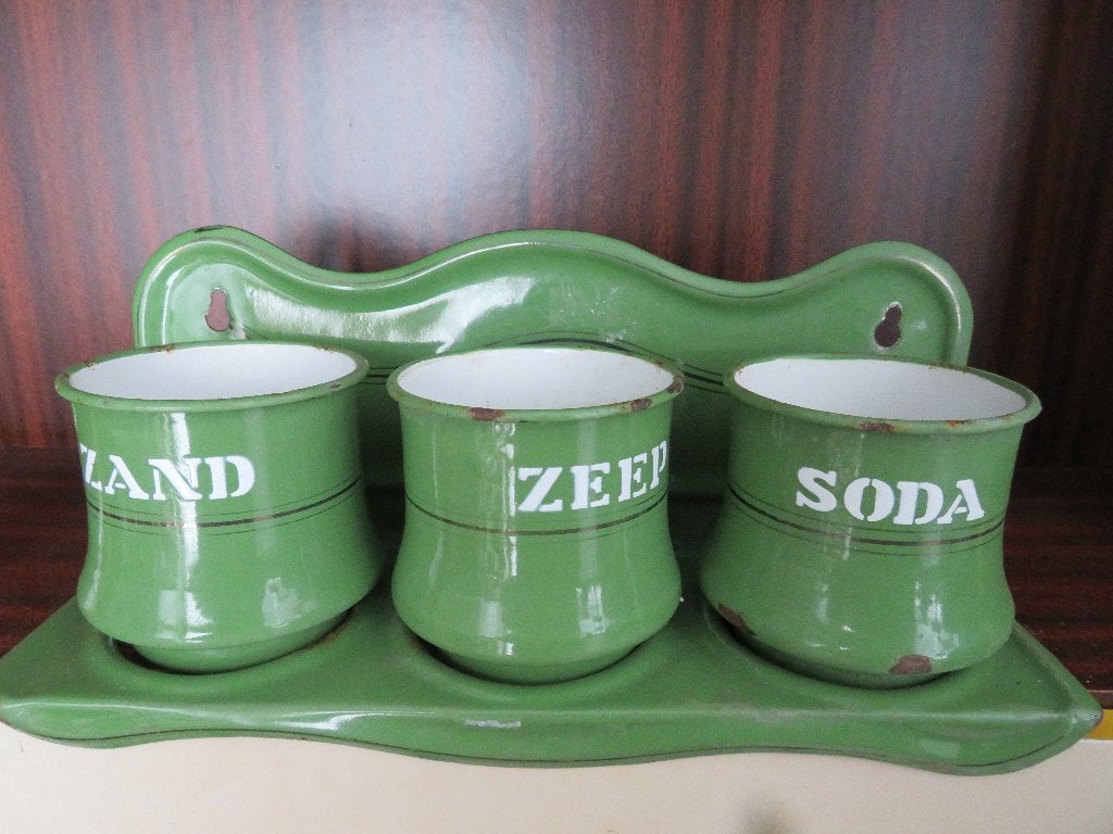 emaille groene zand zeep soda set, Antiek en Kunst, Antiek | Emaille, Ophalen of Verzenden
