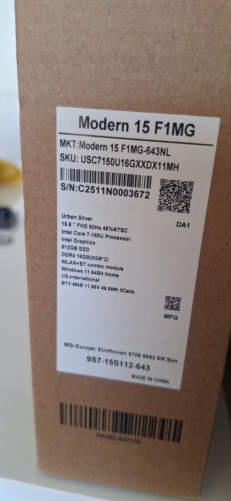MSI MODERN F1MG-643NL., Met videokaart, Intel Core 7 150U, Nieuw, Ophalen of Verzenden