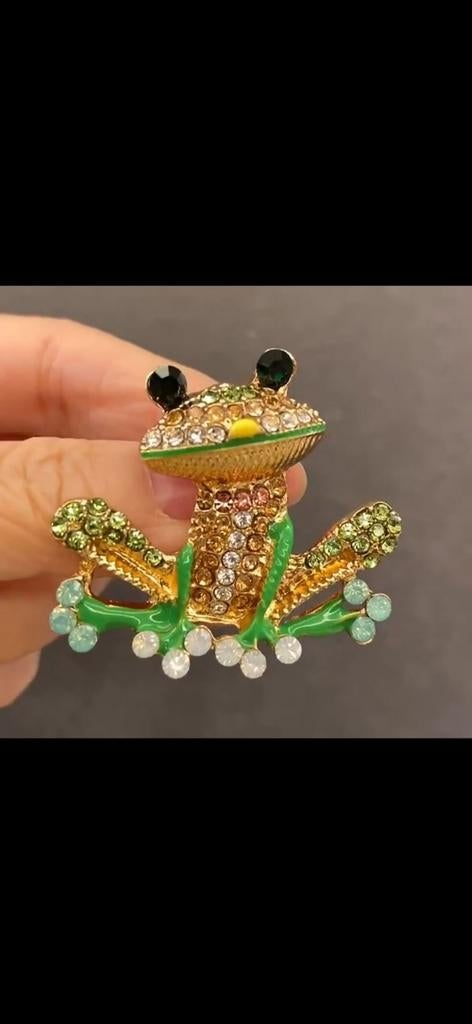 Gouden Kikker Broche met Kristallen, 4 tot 7 cm, Nieuw, Goud, Goud