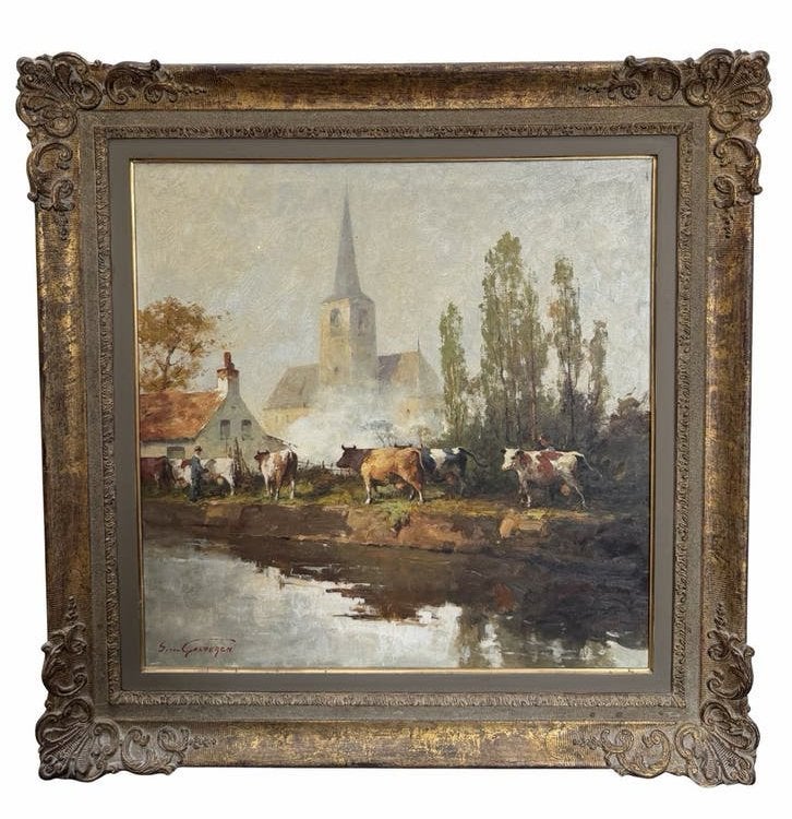 Simon van Gelderen (1905-1986) - Dorpsgezicht met koeien, Doek, Ophalen of Verzenden, Olieverf, Klassiek