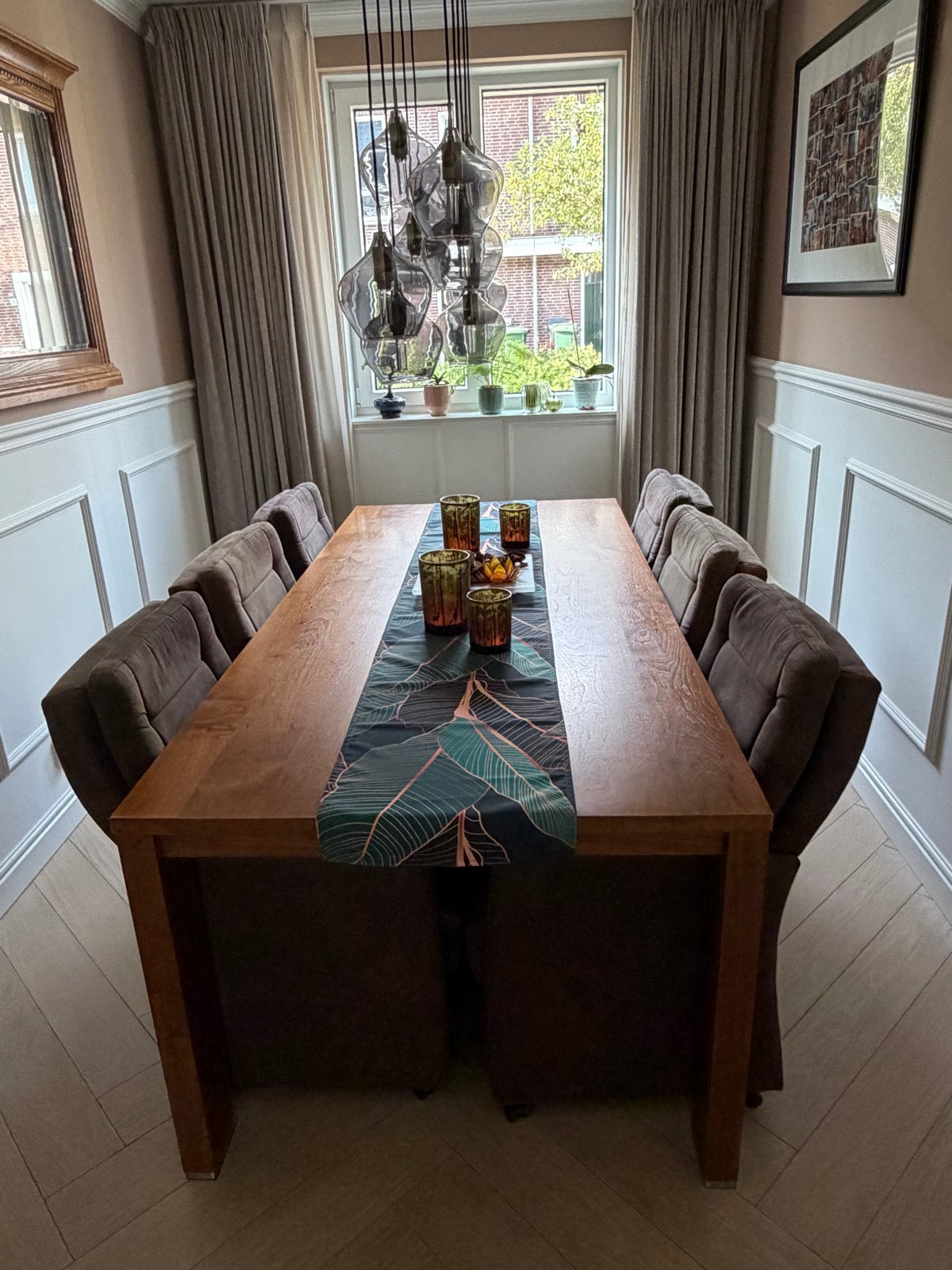 Eettafel met 6 luxe eetkamerstoelen op wieltjes, Huis en Inrichting, Ophalen, Gebruikt, Landelijk modern, 200 cm of meer