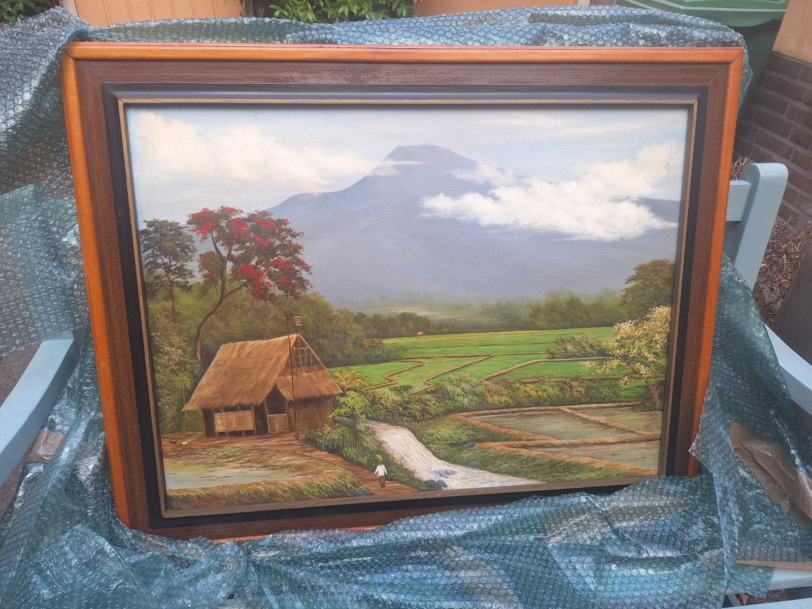 Schilderij: Tropisch Landschap met Berg en Rijstvelden, Ophalen of Verzenden