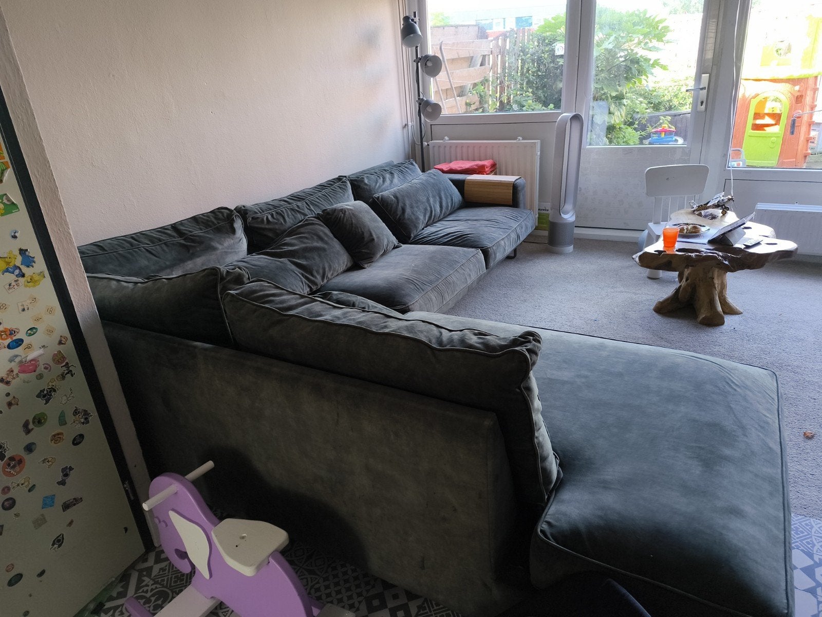 Grote hoekbank met chaise longue -donkergroen velours, Ophalen, Gebruikt, Stof, Modern