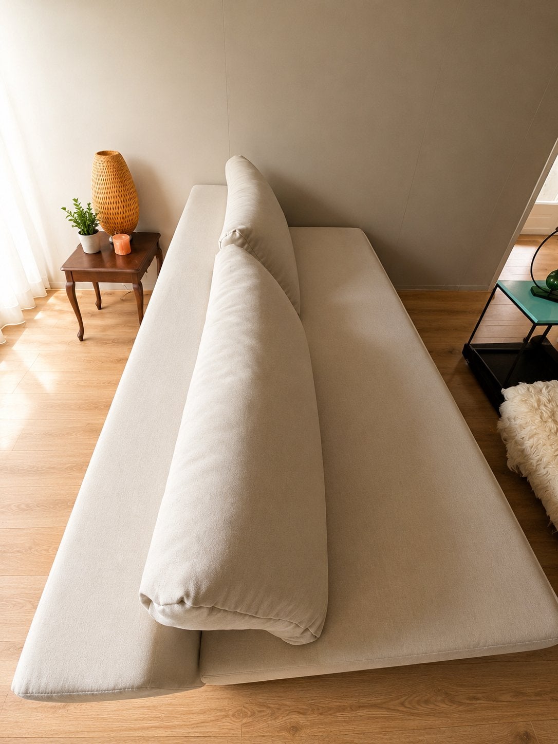 Bedbank Wehkamp - crème/ taupe met kussens, Ophalen, Tweepersoons, Crème, 140 cm