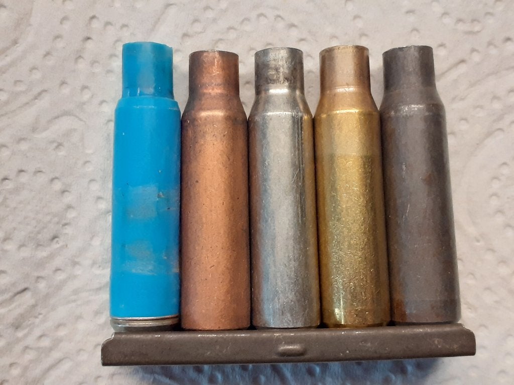 FAL hulzen 5 verschillende op clip (type2 set2) (ONKLAAR), Ophalen of Verzenden, Landmacht, Nederland, Hulzen of Bodemvondsten