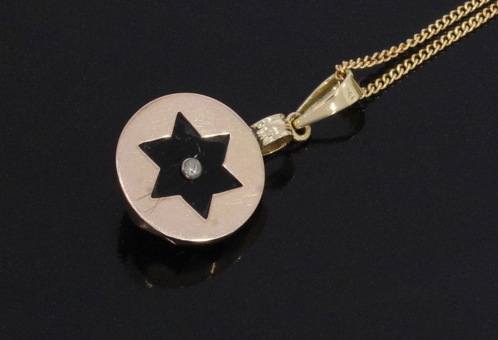 Diamant onyx antieke 14k gouden ketting hanger fraai, Ophalen of Verzenden, Goud, Hanger, Met edelsteen