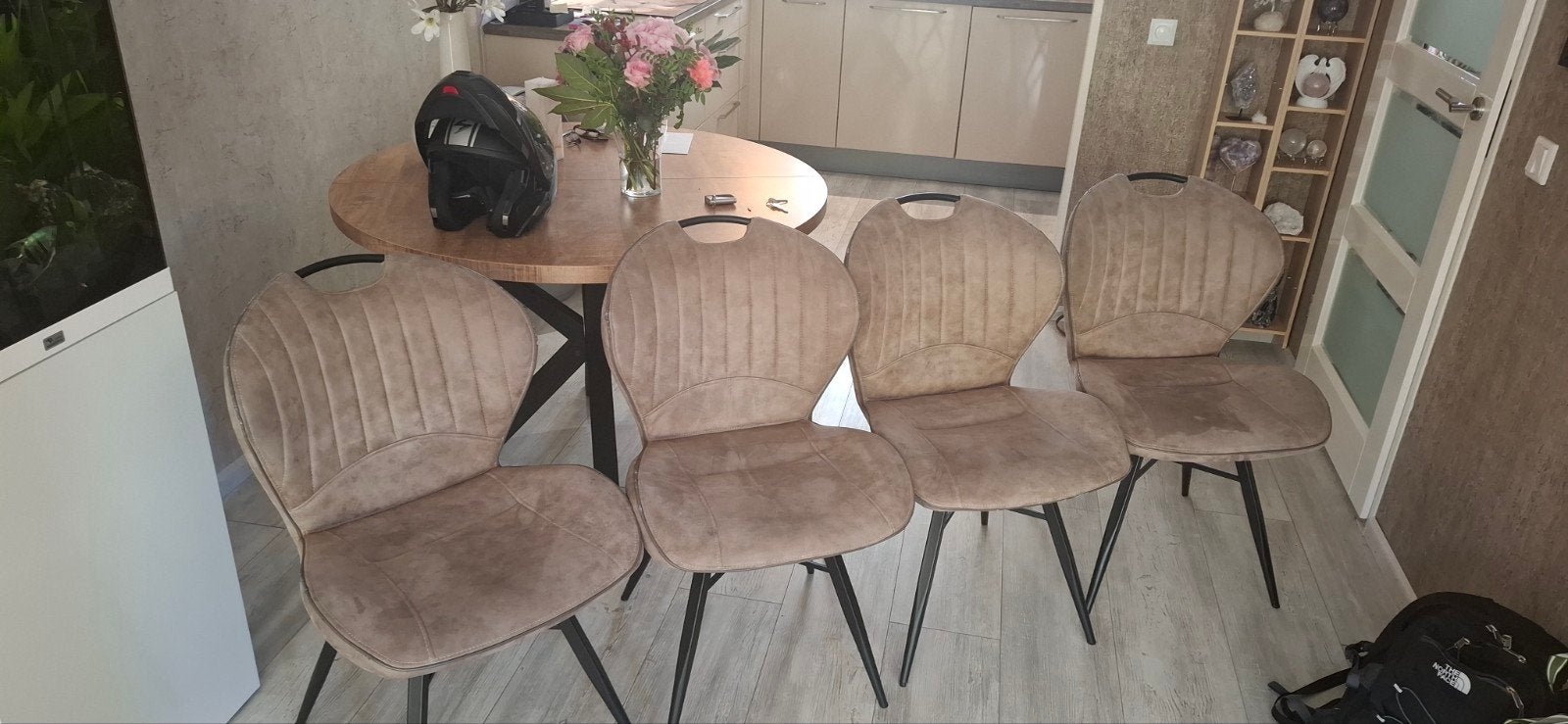 4 eetkamerstoelen, Taupe, Huis en Inrichting, Stoelen, Ophalen, Gebruikt, Vier