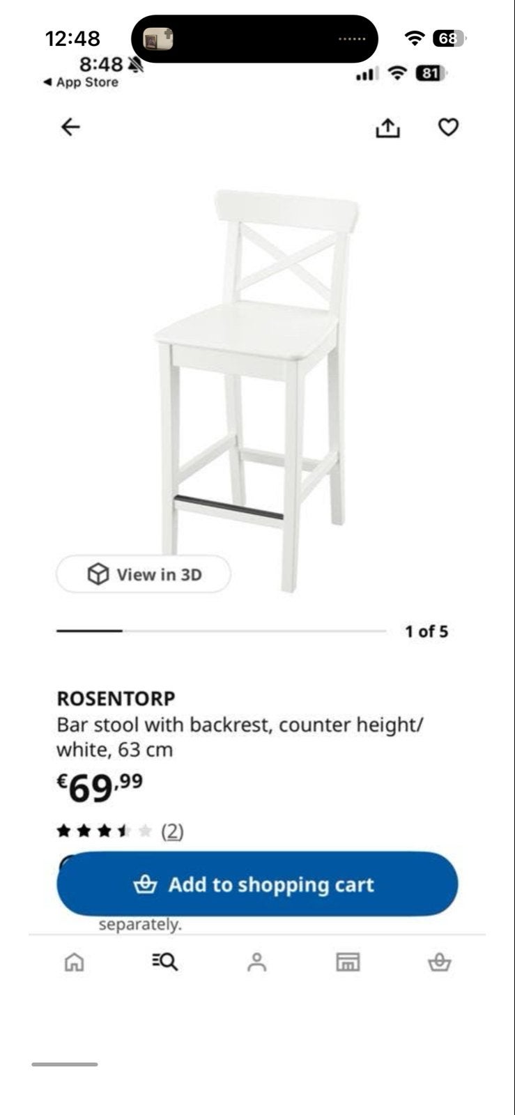IKEA ROSENTORP barkruk met rugleuning, wit, 63 cm, Ophalen, Gebruikt, Wit, Eén