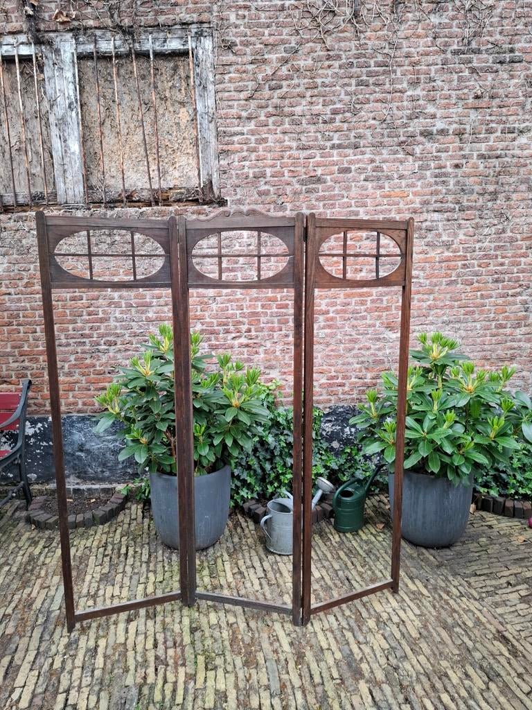 Oud kamerscherm eikenhout, drie panelen, Huis en Inrichting, Woonaccessoires | Kamerschermen, Gebruikt, Ophalen