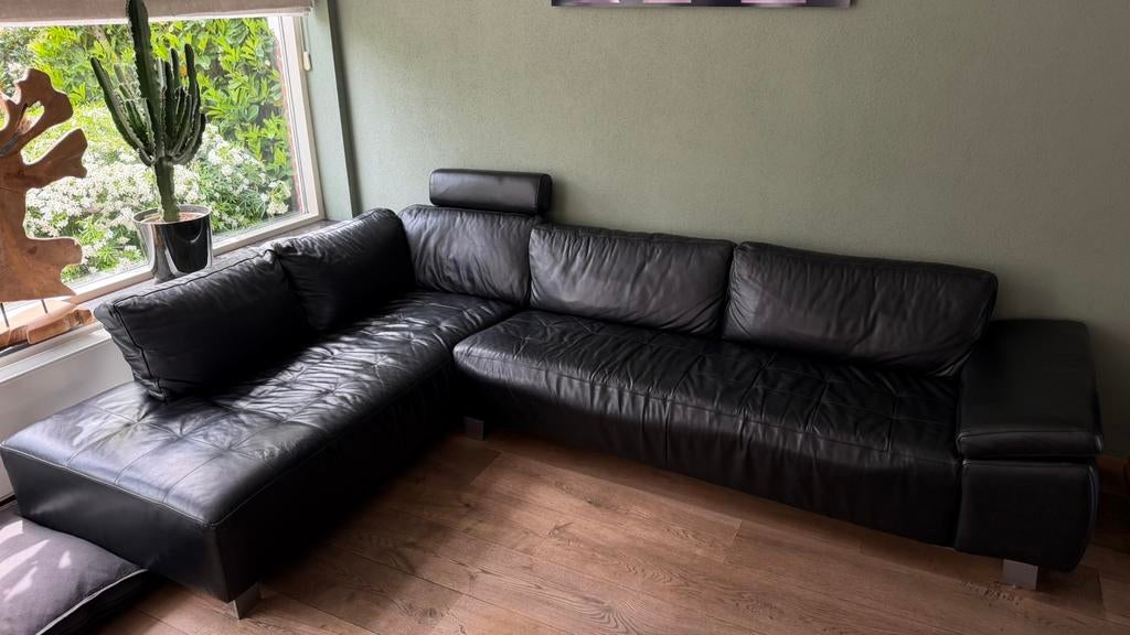 Hoekbank van rund leder zwart, Huis en Inrichting, Ophalen, Hoekbank, 300 cm of meer, Zo goed als nieuw