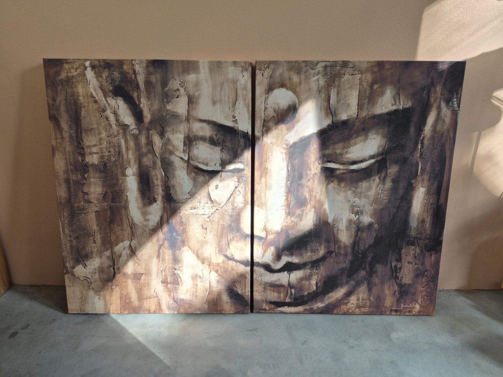 Twee luik Juul Hoes Boeddha 'Joy' Schilderij - 2x 60x80 cm, Ophalen, Giclée, Echtheidscertificaat, Overig onderwerp