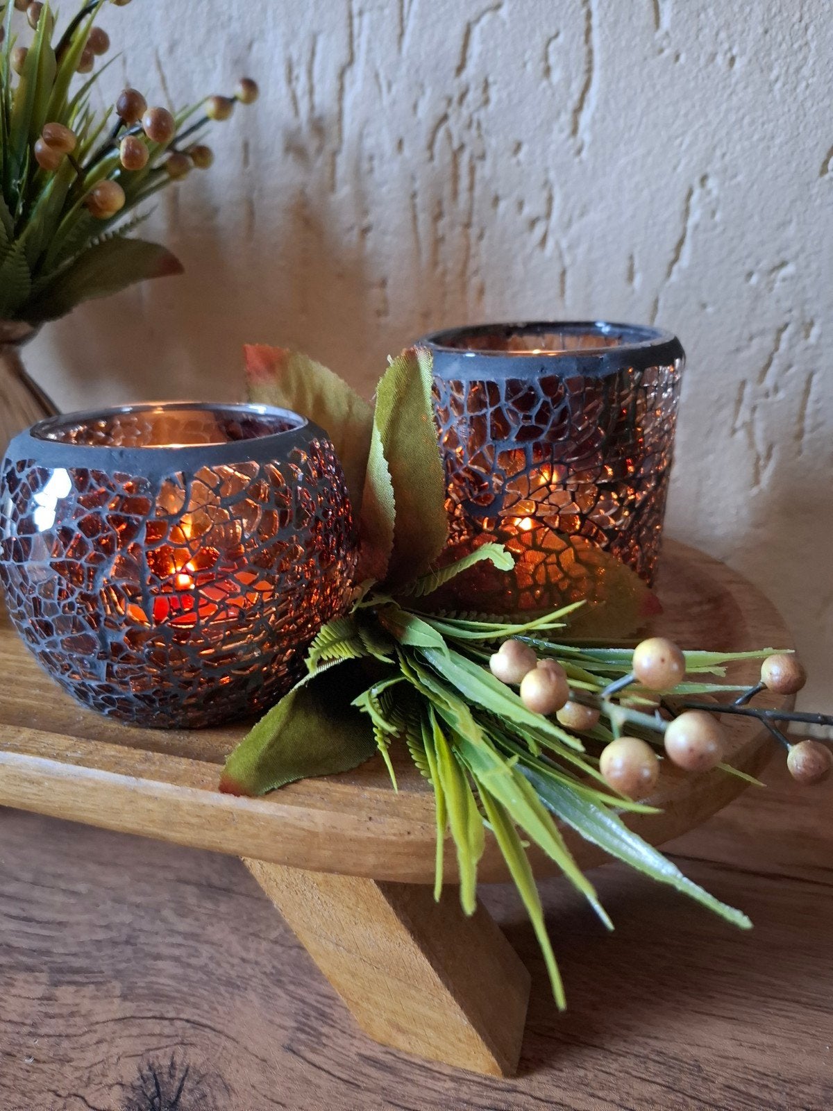 Set van 2 Mozaïek Theelichthouders - Amberkleurig Glas, Huis en Inrichting, Woonaccessoires | Kandelaars en Kaarsen, Overige materialen