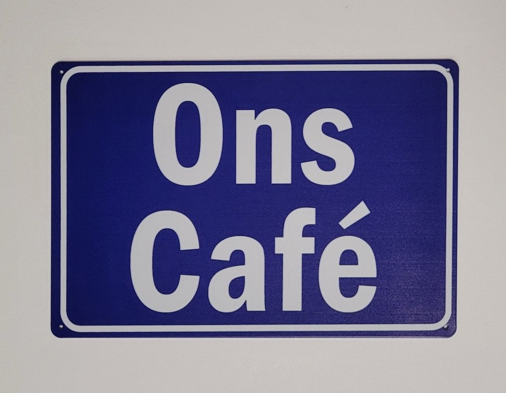 Ons Cafe blauw reclamebord van metaal wandbord decoratie, Info@deconoord.nl, Deco Noord, Nieuw, Ophalen of Verzenden