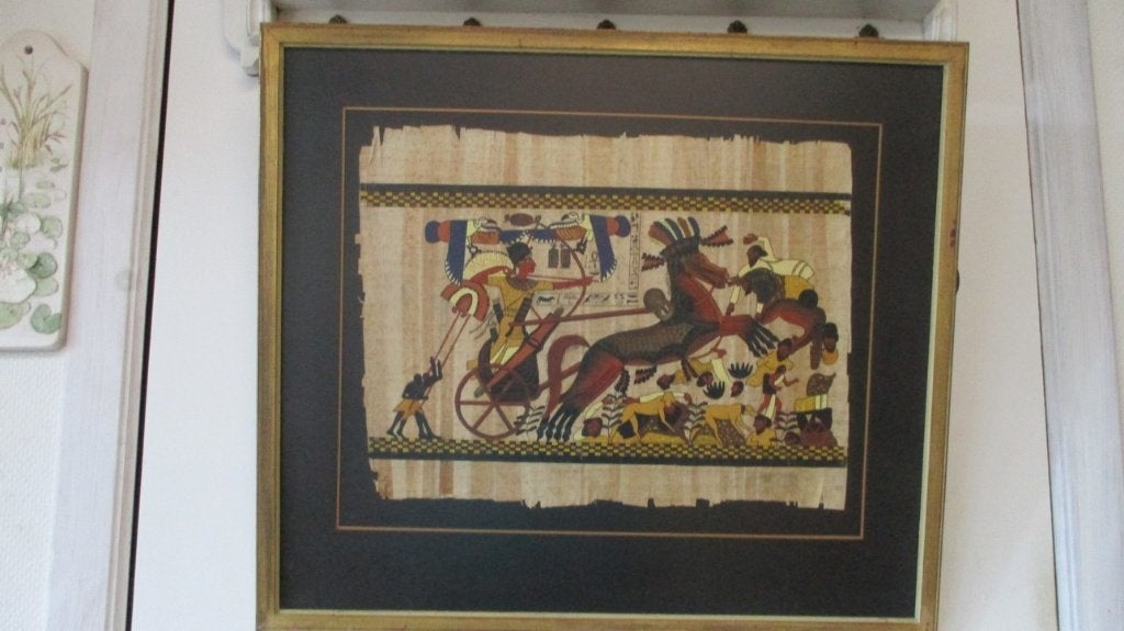 Egyptisch handgeschilderd papyrus schilderij, Antiek en Kunst, Ophalen, Achter glas, Portret of Personen, Papier