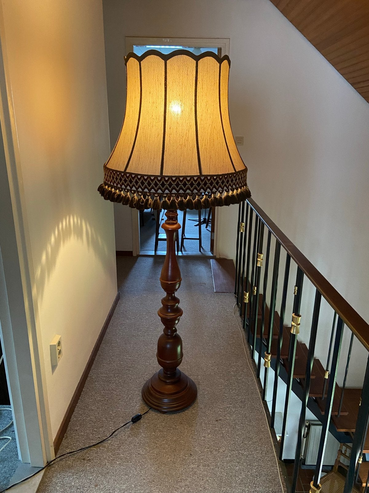Vintage staande lamp met stoffen kap H160xB60, Ophalen, Gebruikt, Vintage, E27 (groot)