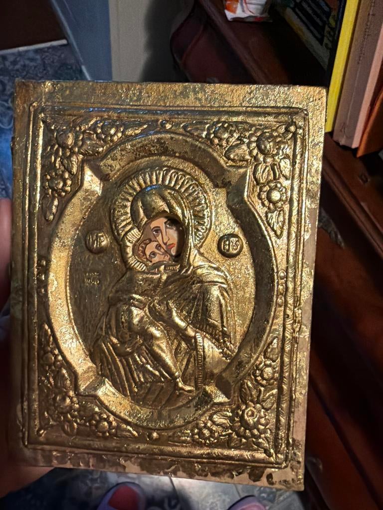 Antieke Gouden Icoon Maria met Kind - Religieuze Kunst, Verzenden