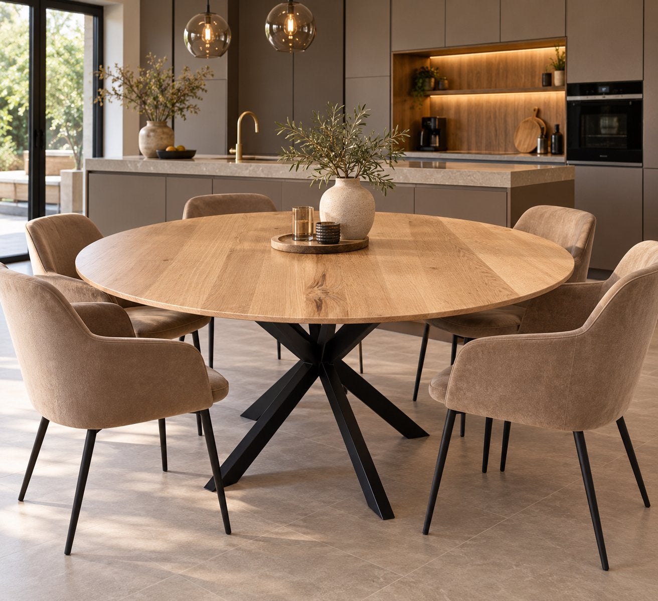 Nieuwe ronde eiken eettafel Ø 136 cm | Woonweek-actie!, Huis en Inrichting, Ophalen, 100 tot 150 cm, 200 cm of meer, Zo goed als nieuw