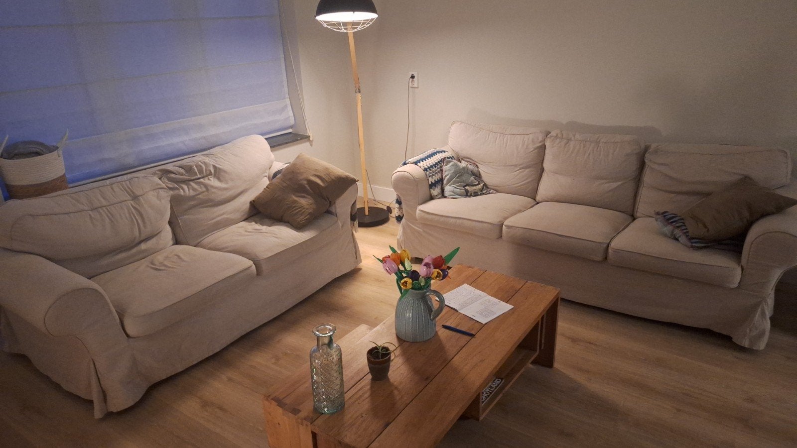 Ikea Ektorp banken set - 2 en 3zits, beige en zwarte hoezen, Ophalen, Gebruikt, Rechte bank, Modern, comfortabel