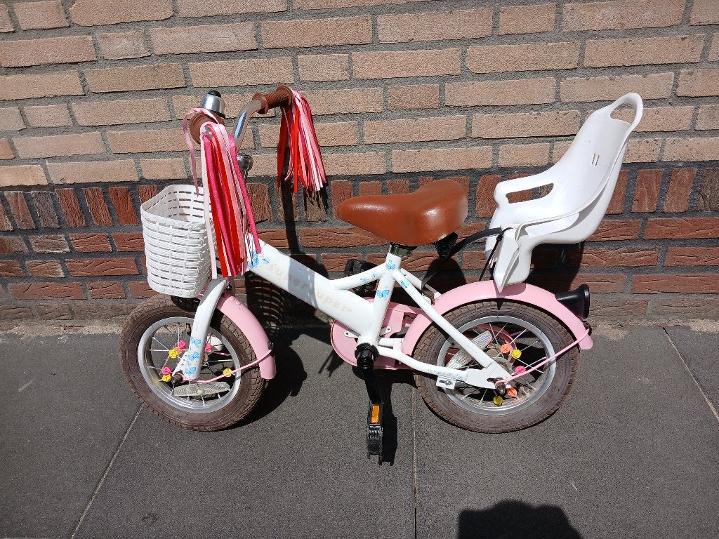 Roze kinderfiets met zitje en mandje, Ophalen, Terugtraprem, Onbekend, Minder dan 16 inch