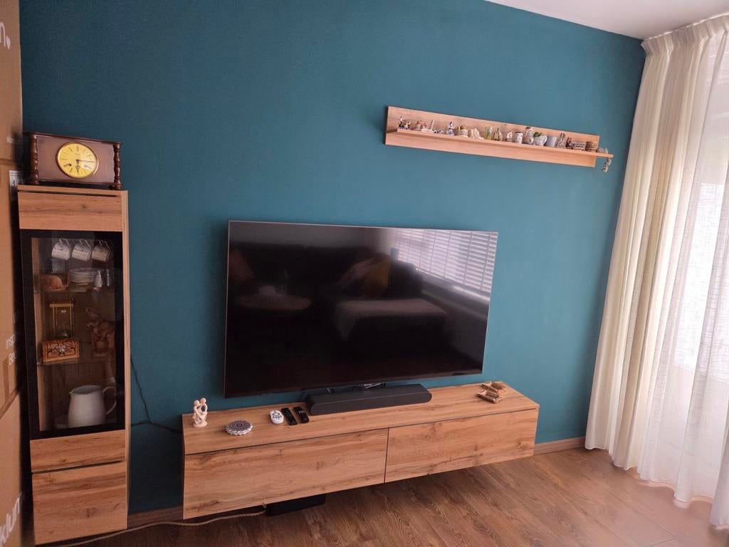 Eikenhouten TV-kast met verlichting, Huis en Inrichting, Kasten | Televisiemeubels, Ophalen, 100 tot 150 cm, 100 tot 150 cm, Eikenhout