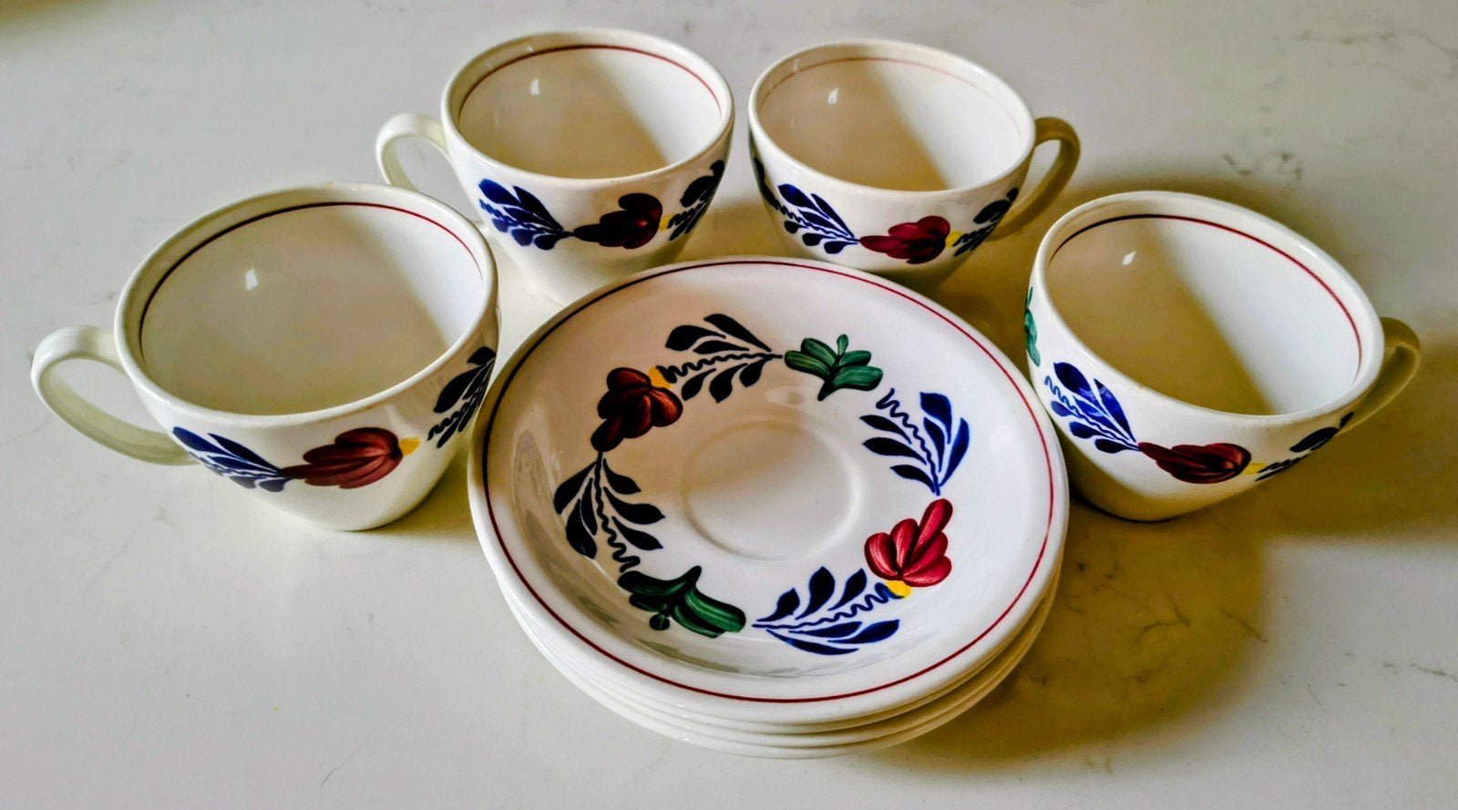 Set van 4 Boch Frères 'Boerenbont' kop en schotels, Antiek en Kunst, Antiek | Servies los, Ophalen of Verzenden